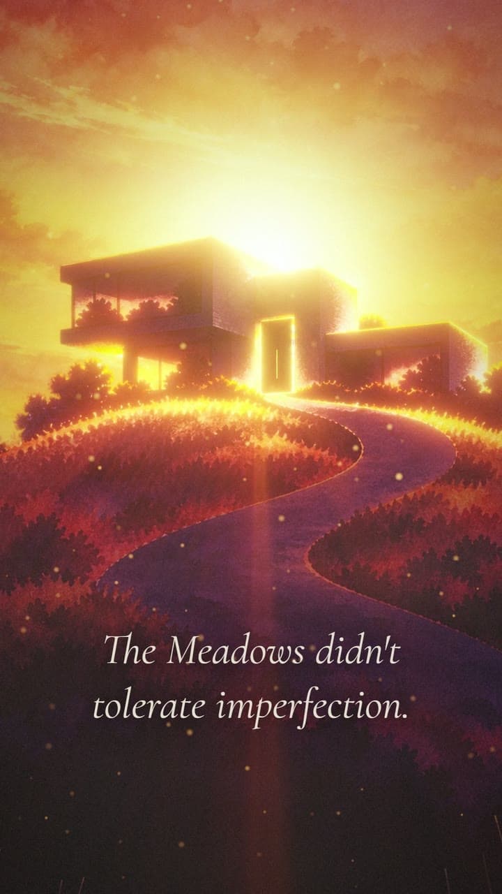A painted house on a hill at sunset, a winding path leading up to its glowing door. From the film of Chapter One.
